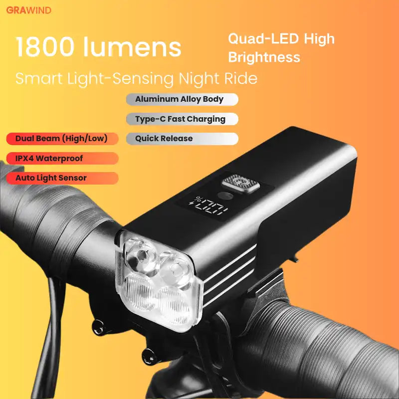 GraWind LED bicycle headlight — bright, waterproof USB-C light for road cycling